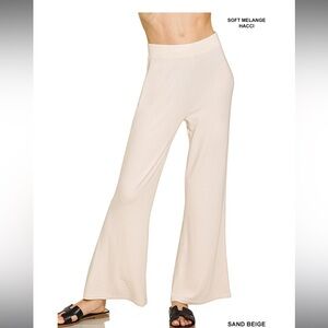 #HP-2364Y SOFT ELASTIC WAISTED FLARE PANTS Sand Beige